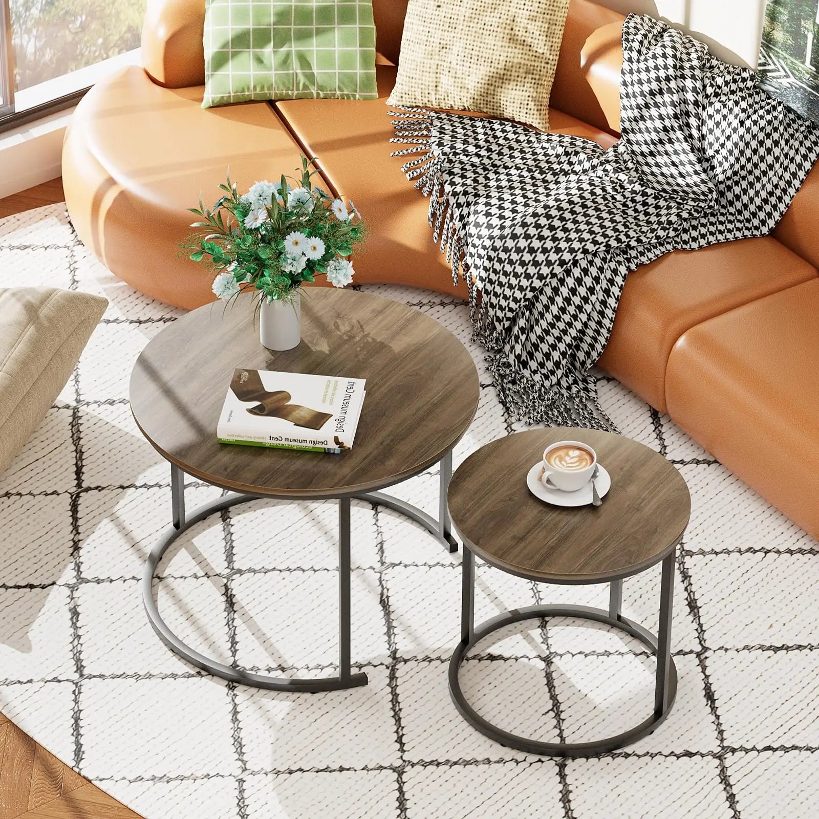 Nesting Coffee Table Set of 2, Round End Tables with Sturdy Metal Frame for Living Room or Bedroom, Oak aboxoo