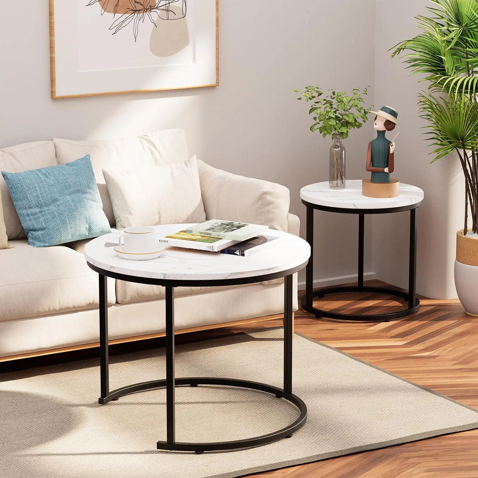 Round Nesting Coffee Table Set of 2, White Faux Marble Wooden Tables with Black Steel Frame for Living Room or Bedroom aboxoo