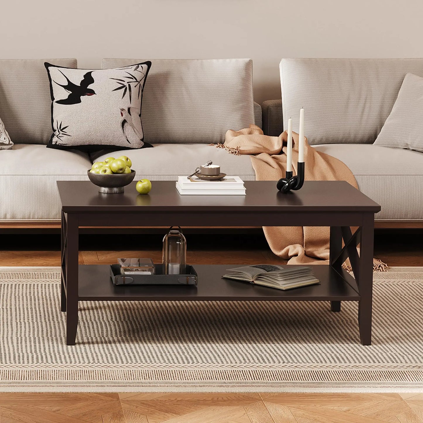 Espresso Wood Coffee Table with Thick Legs and Storage, 40 Inch Living Room Table ChooChoo