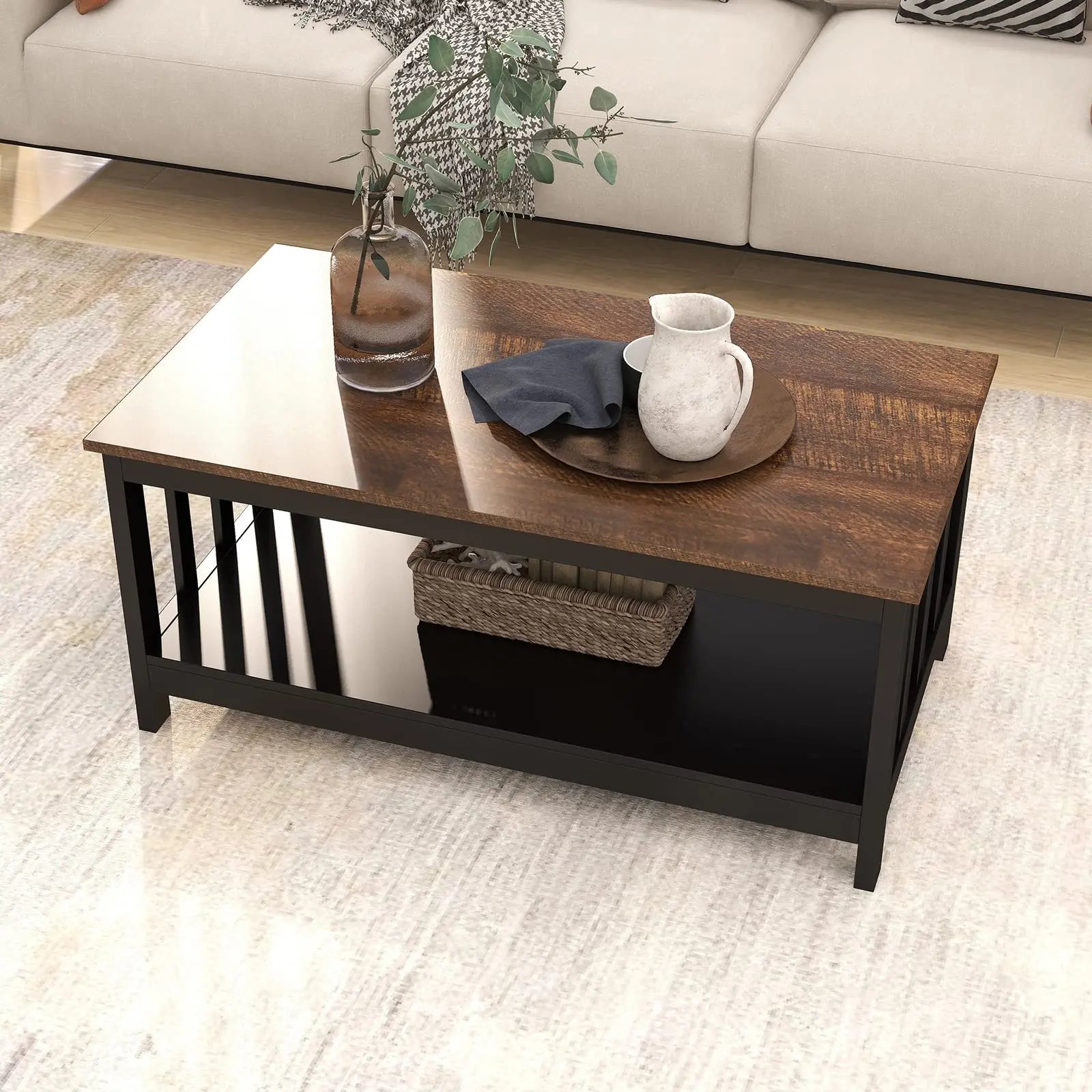 Black Farmhouse Coffee Table with Shelf, 40 Inch Living Room Table ChooChoo