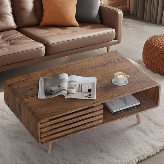 Farmhouse Wood Coffee Table with Storage for Living Room, Easy Assembly, Walnut Easyego