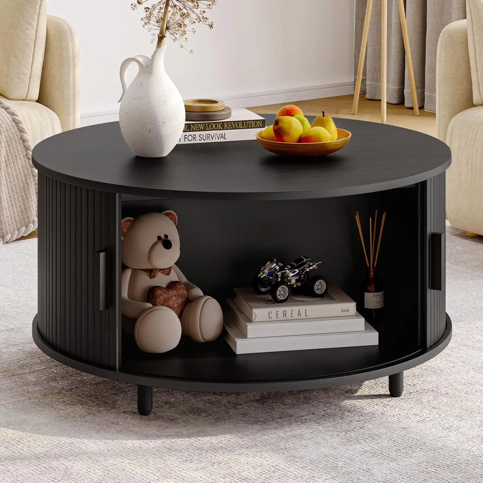 Round Coffee Table with Storage, 31.5" Modern Fluted Wood Table with 360° Sliding Door and Adjustable Footpads, Black ONBRILL