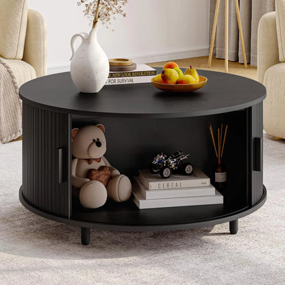 Round Coffee Table with Storage, 31.5" Modern Fluted Wood Table with 360° Sliding Door and Adjustable Footpads, Black ONBRILL