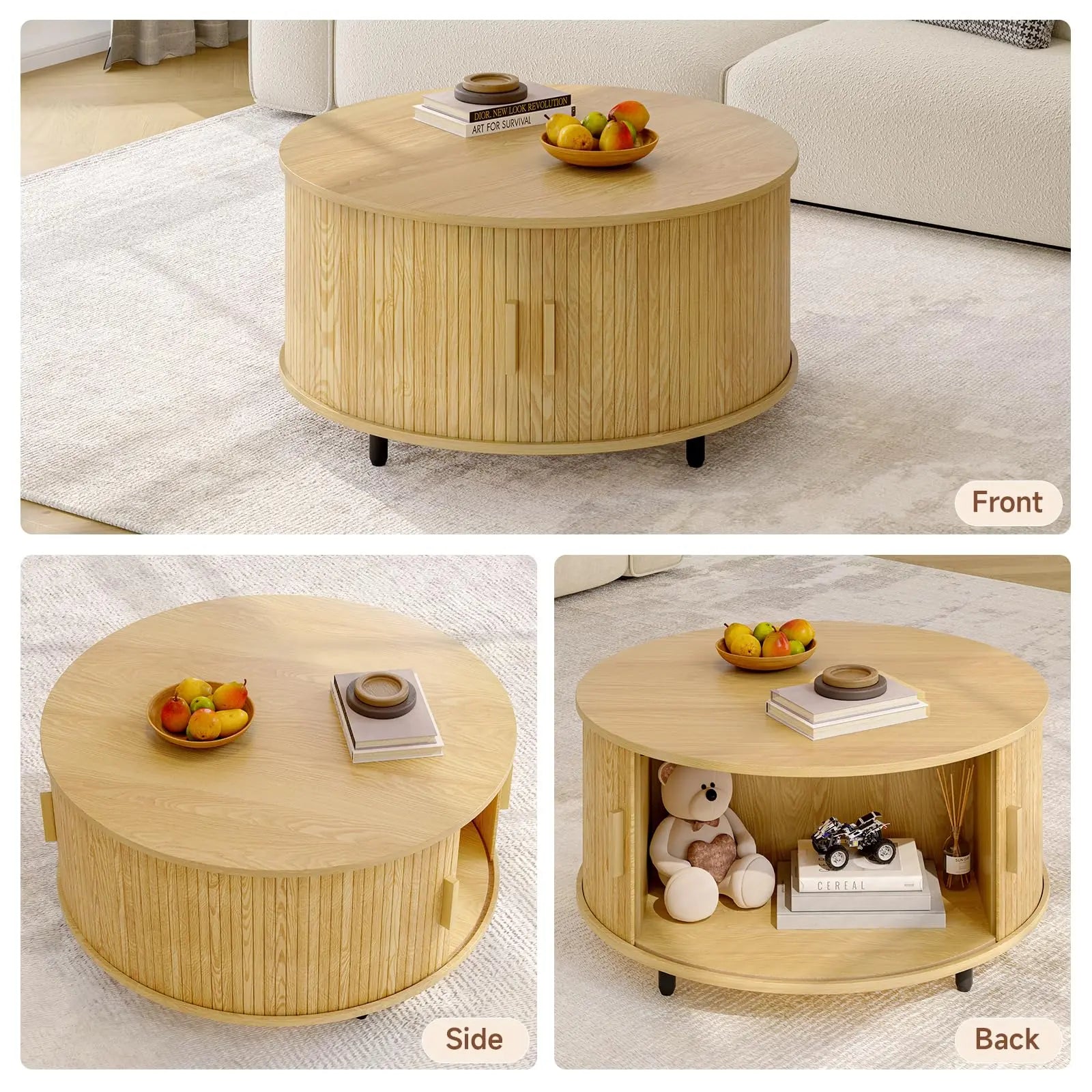 Round Coffee Table with Storage, 31.5" Modern Fluted Wood Table with 360° Sliding Door and Adjustable Footpads, Oak ONBRILL