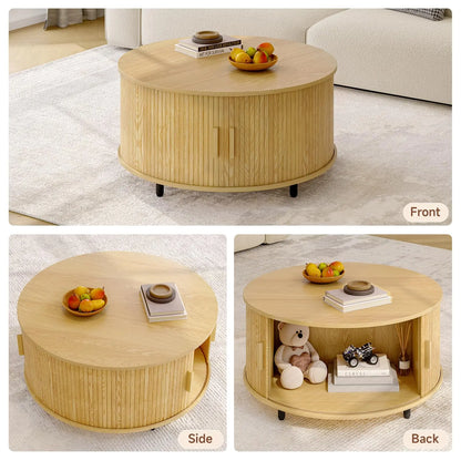 Round Coffee Table with Storage, 31.5" Modern Fluted Wood Table with 360° Sliding Door and Adjustable Footpads, Oak ONBRILL