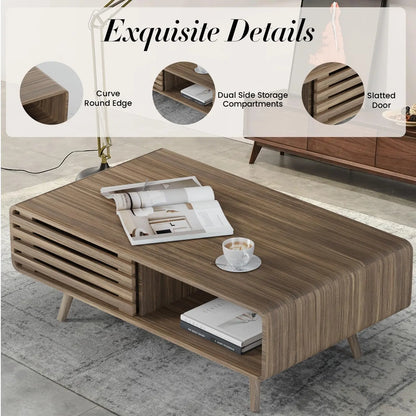 Farmhouse Wood Coffee Table with Storage for Living Room, Easy Assembly, Light Brown Easyego