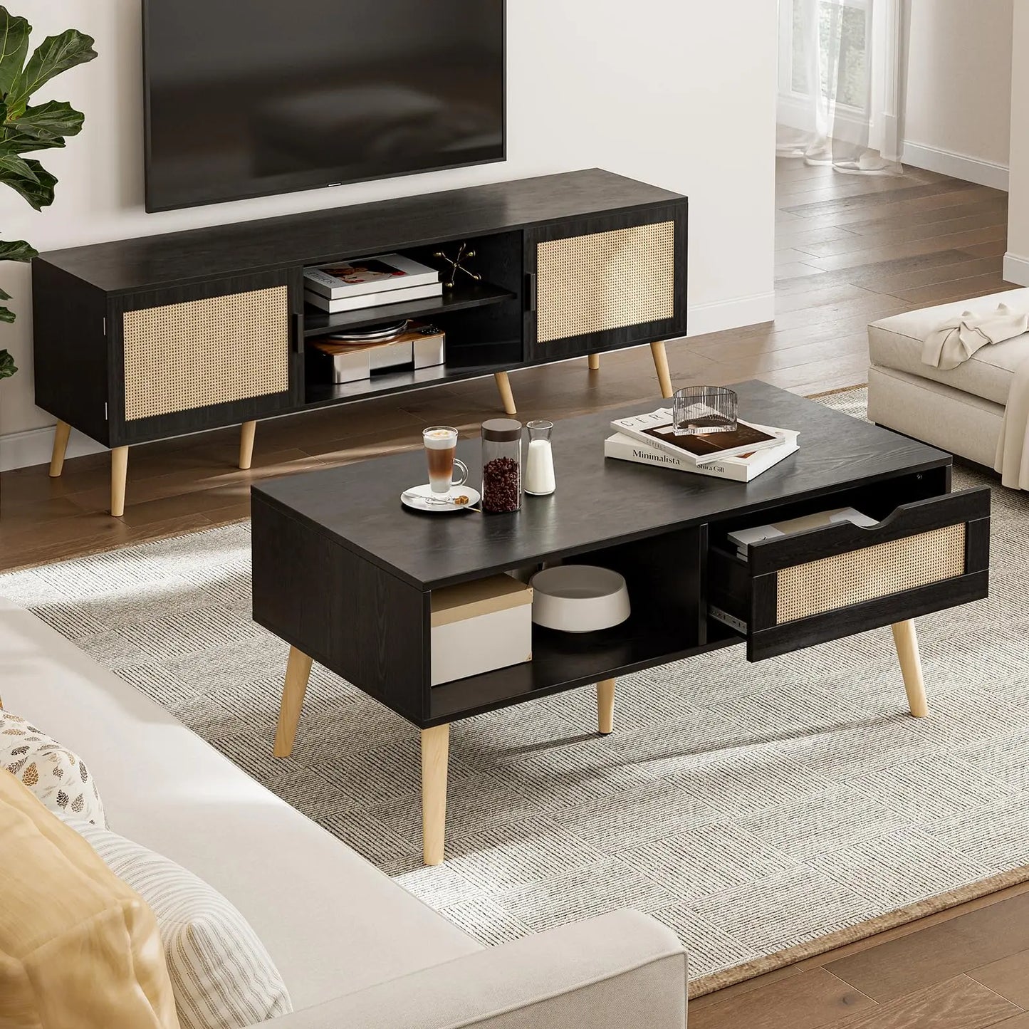 Boho Coffee Table with Sliding Rattan Door and Solid Wood Legs, Small Living Room Table with Storage, Black ZttRiee