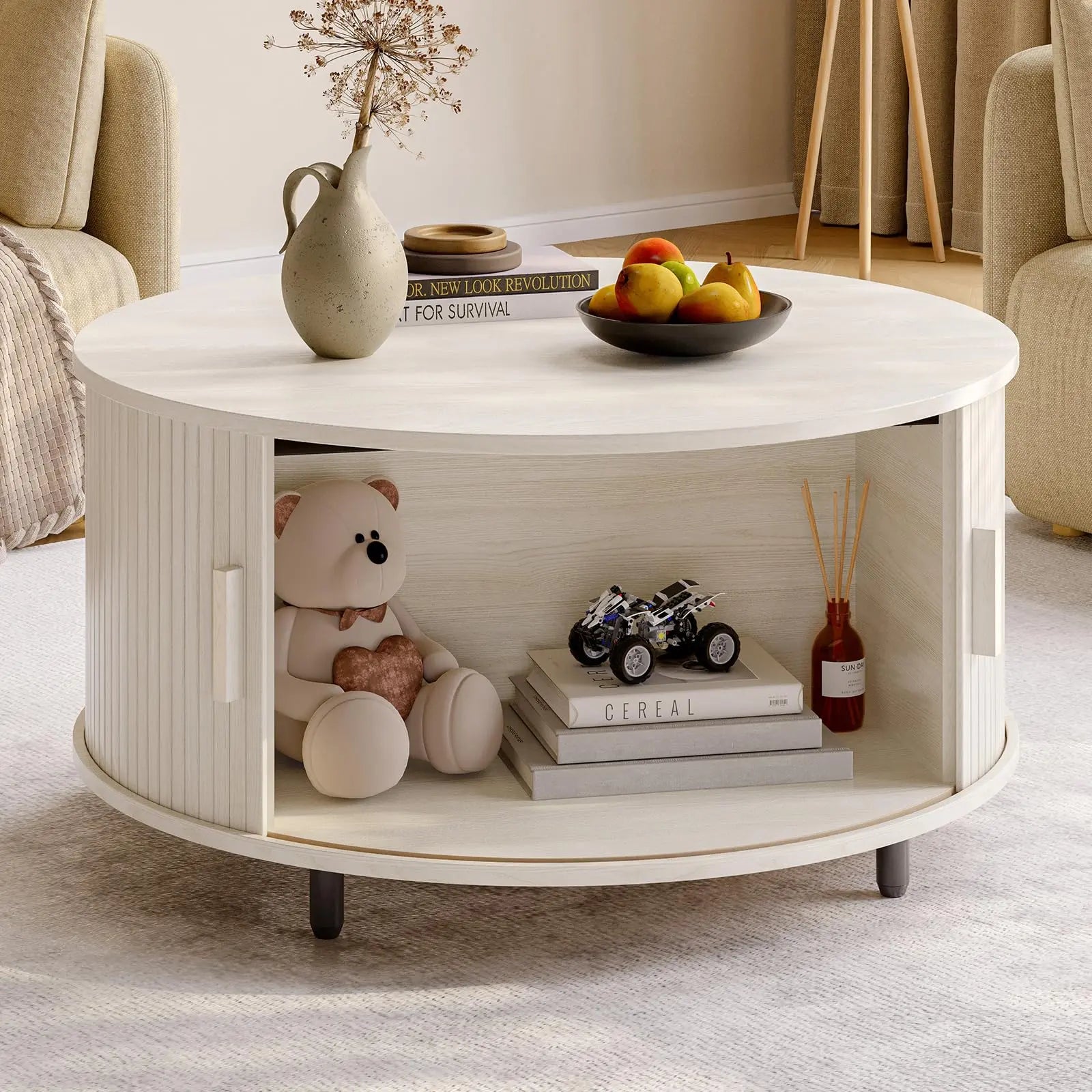 Round Coffee Table with Storage, 31.5" Modern Fluted Wood Table with 360° Sliding Door and Adjustable Footpads, Natural White ONBRILL