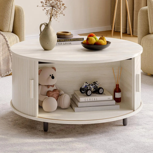 Round Coffee Table with Storage, 31.5" Modern Fluted Wood Table with 360° Sliding Door and Adjustable Footpads, Natural White ONBRILL