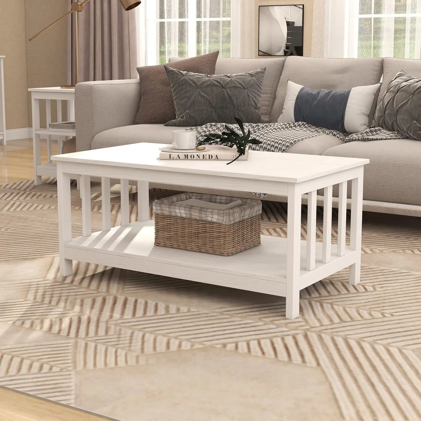 White Farmhouse Coffee Table with Shelf, 40 Inch Living Room Table ChooChoo