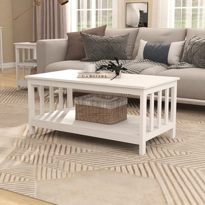 White Farmhouse Coffee Table with Shelf, 40 Inch Living Room Table ChooChoo