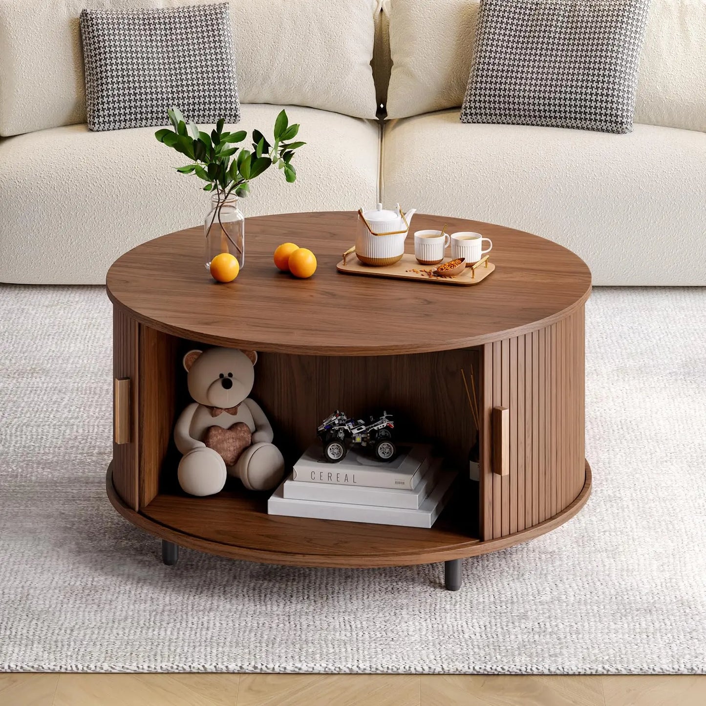 Round Coffee Table with Storage, 31.5" Modern Fluted Wood Table with 360° Sliding Door and Adjustable Footpads, Walnut ONBRILL