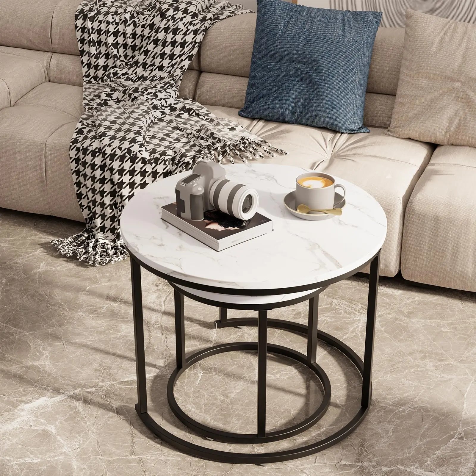 Round Nesting Coffee Table Set of 2, White Faux Marble Wooden Tables with Black Steel Frame for Living Room or Bedroom aboxoo