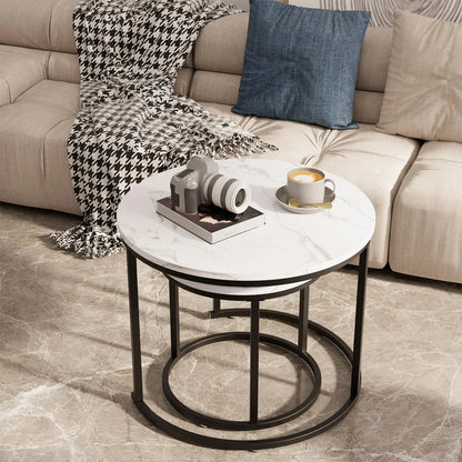 Round Nesting Coffee Table Set of 2, White Faux Marble Wooden Tables with Black Steel Frame for Living Room or Bedroom aboxoo