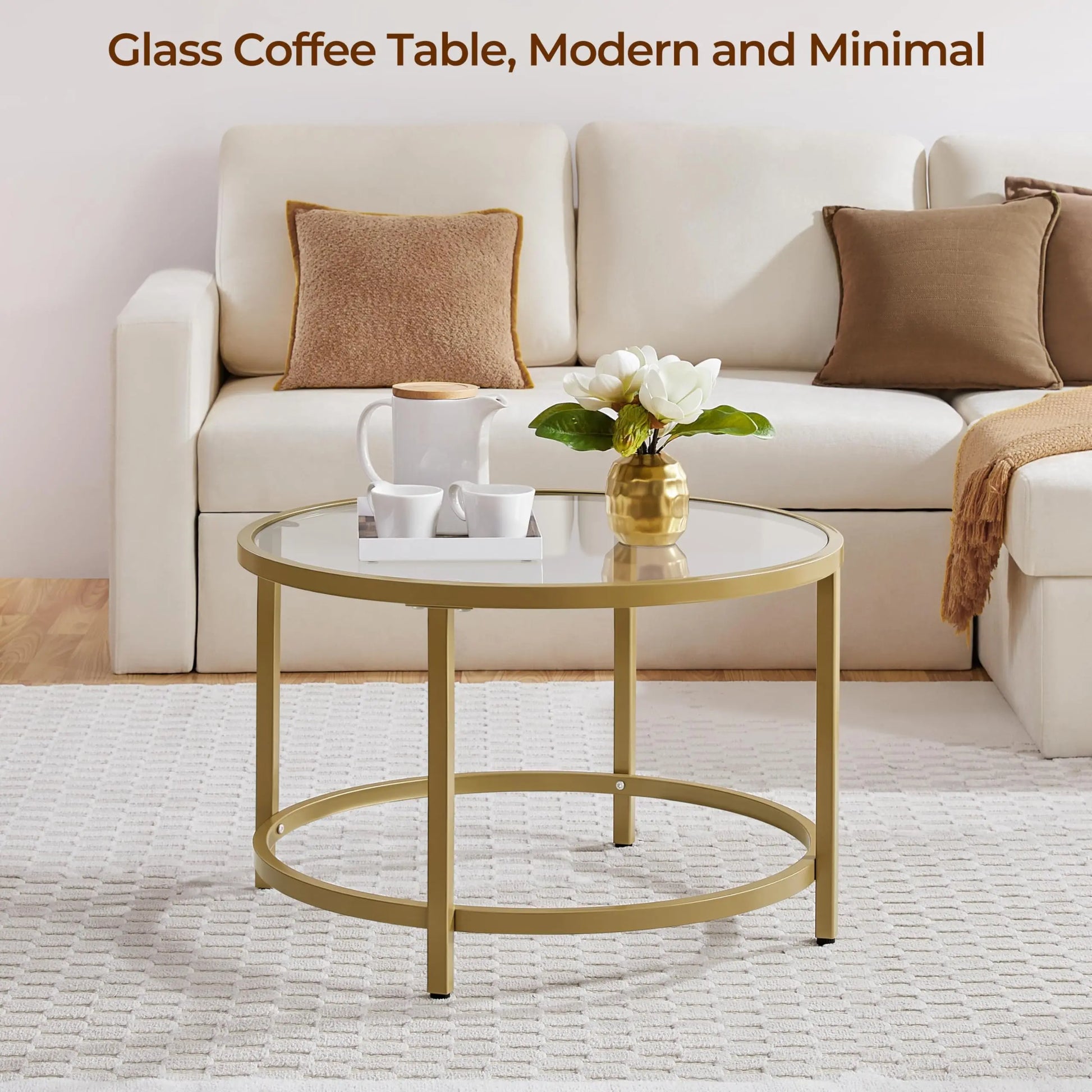 27.6" Round Glass Coffee Table with Gold Metal Frame for Living Room, Office, or Apartment - Ruche Bee