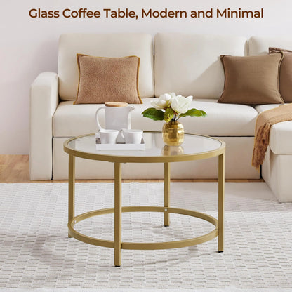 27.6" Round Glass Coffee Table with Gold Metal Frame for Living Room, Office, or Apartment - Ruche Bee