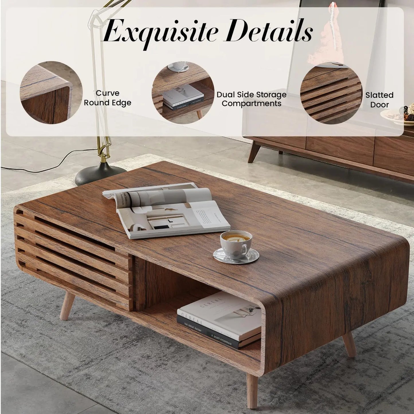 Farmhouse Wood Coffee Table with Storage for Living Room, Easy Assembly, Walnut Easyego