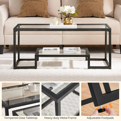 Yaheetech Coffee Table, Tempered Glass Coffee Table, Modern Simple Center Tables w/Geometric-Inspired Design & Metal-Frame & Easy Assembly & Open Storage Shelf for Living Room, Office, Black Yaheetech