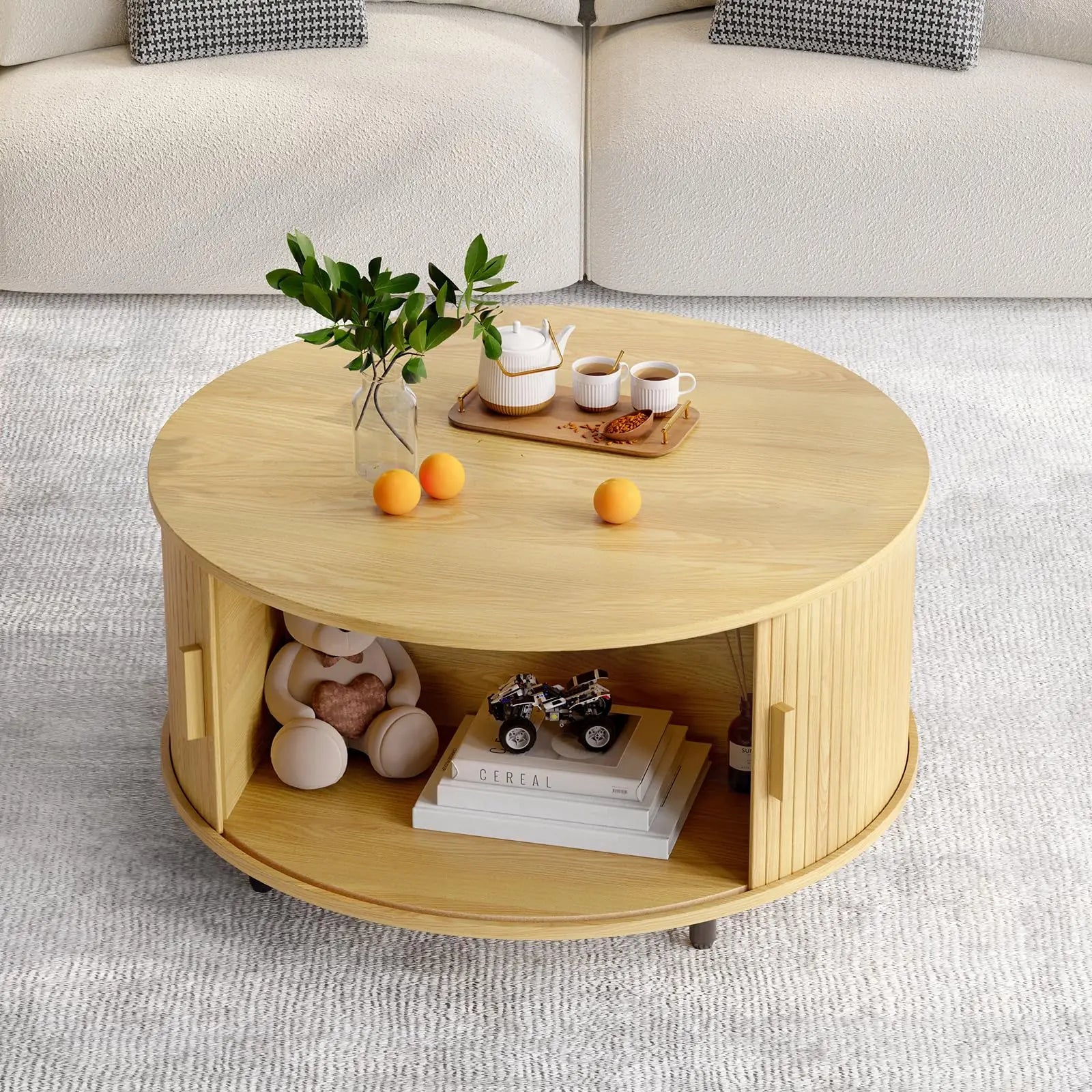 Round Coffee Table with Storage, 31.5" Modern Fluted Wood Table with 360° Sliding Door and Adjustable Footpads, Oak ONBRILL