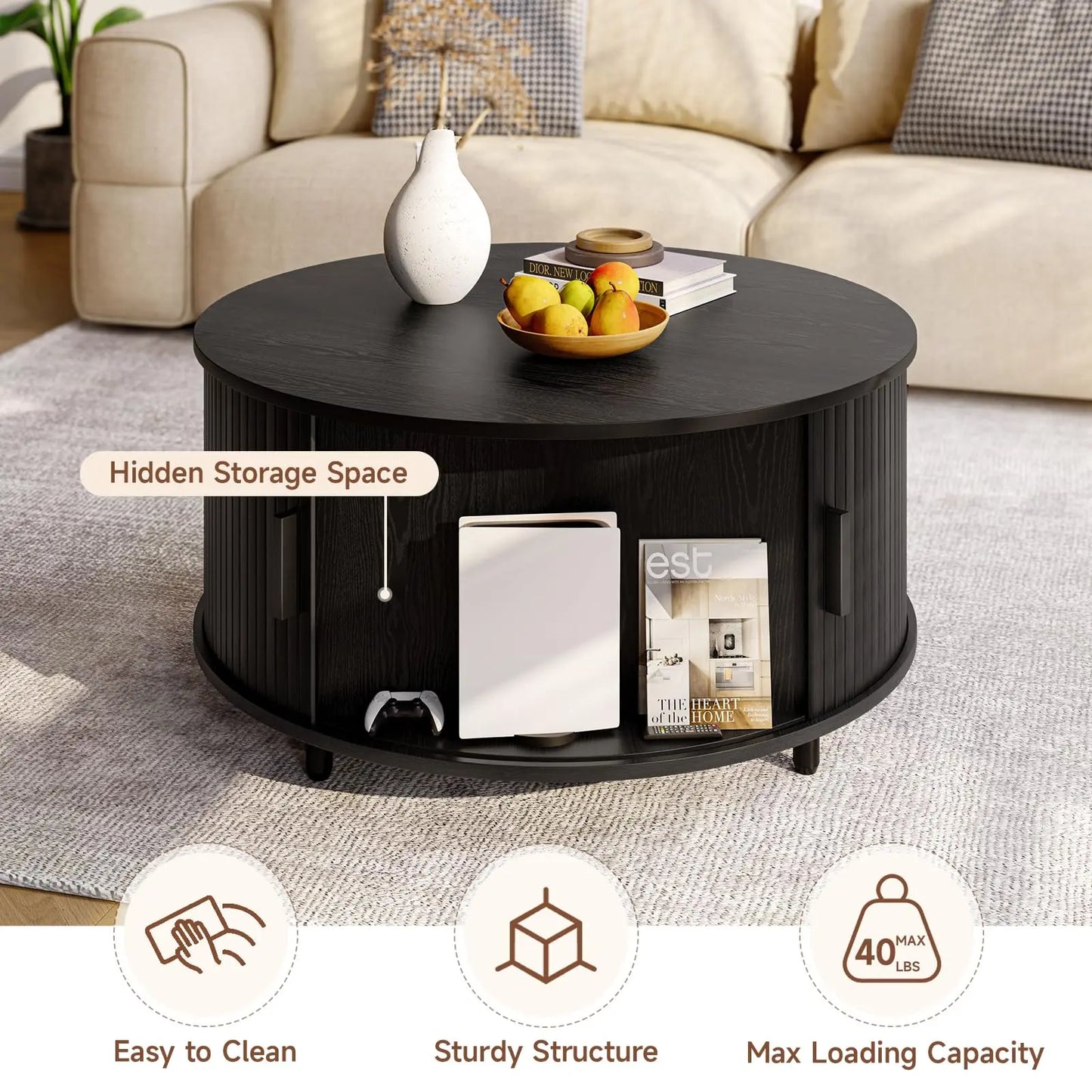 Round Coffee Table with Storage, 31.5" Modern Fluted Wood Table with 360° Sliding Door and Adjustable Footpads, Black ONBRILL