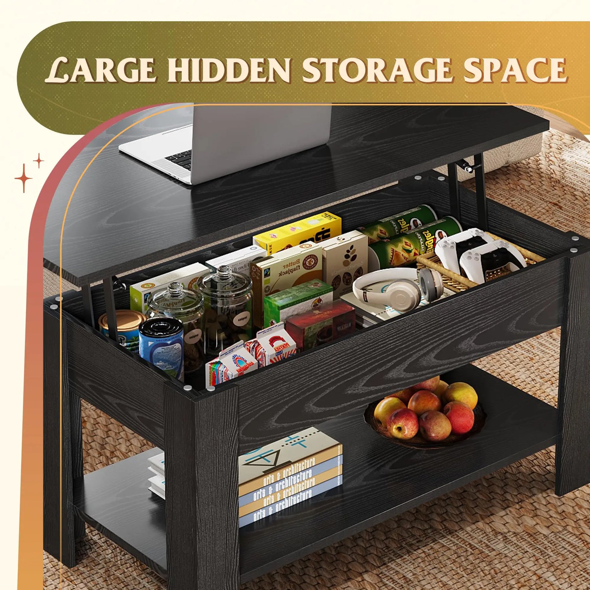 39" Lift Top Coffee Table with Hidden Compartment and Storage Shelf for Living Room or Office, Black Oak WLIVE