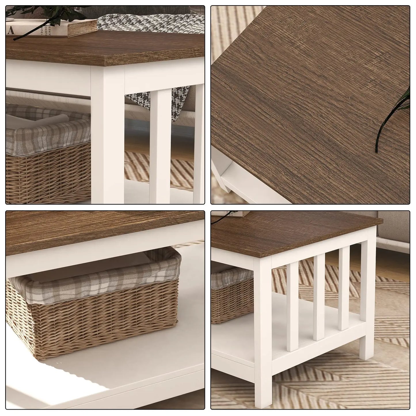 White Farmhouse Coffee Table with Shelf, 40 Inch Living Room Table ChooChoo