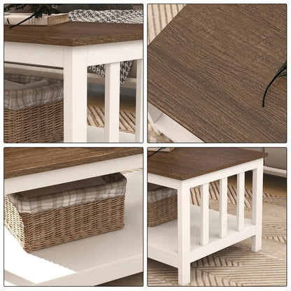 White Farmhouse Coffee Table with Shelf, 40 Inch Living Room Table ChooChoo