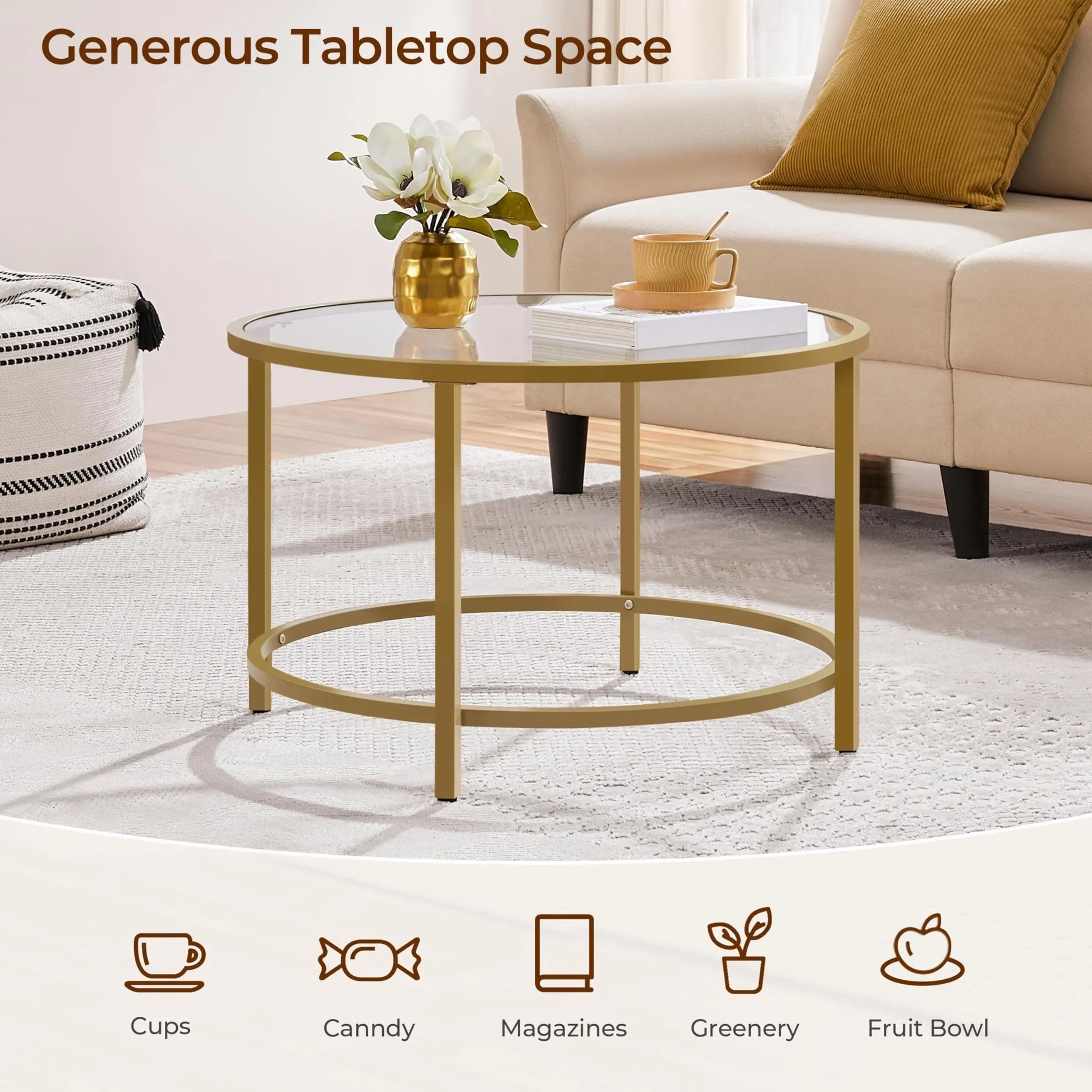 27.6" Round Glass Coffee Table with Gold Metal Frame for Living Room, Office, or Apartment - Ruche Bee
