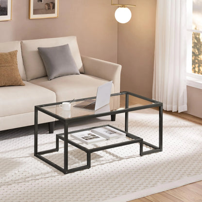 Yaheetech Coffee Table, Tempered Glass Coffee Table, Modern Simple Center Tables w/Geometric-Inspired Design & Metal-Frame & Easy Assembly & Open Storage Shelf for Living Room, Office, Black Yaheetech