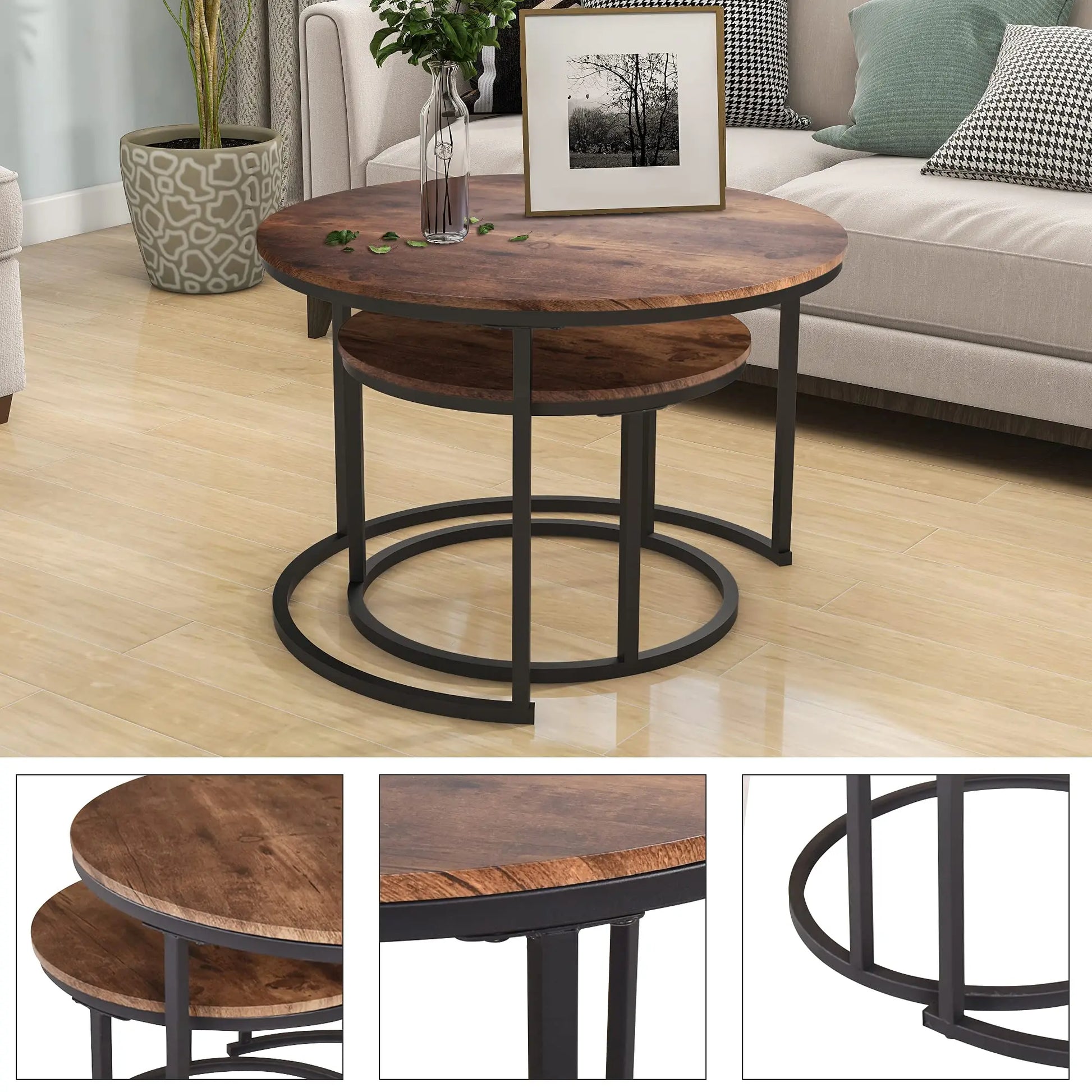 Industrial Round Coffee Table Set of 2, Stacking Side Tables with Wood-Look Top and Metal Frame for Living Room, Black/Rustic Brown HOJINLINERO