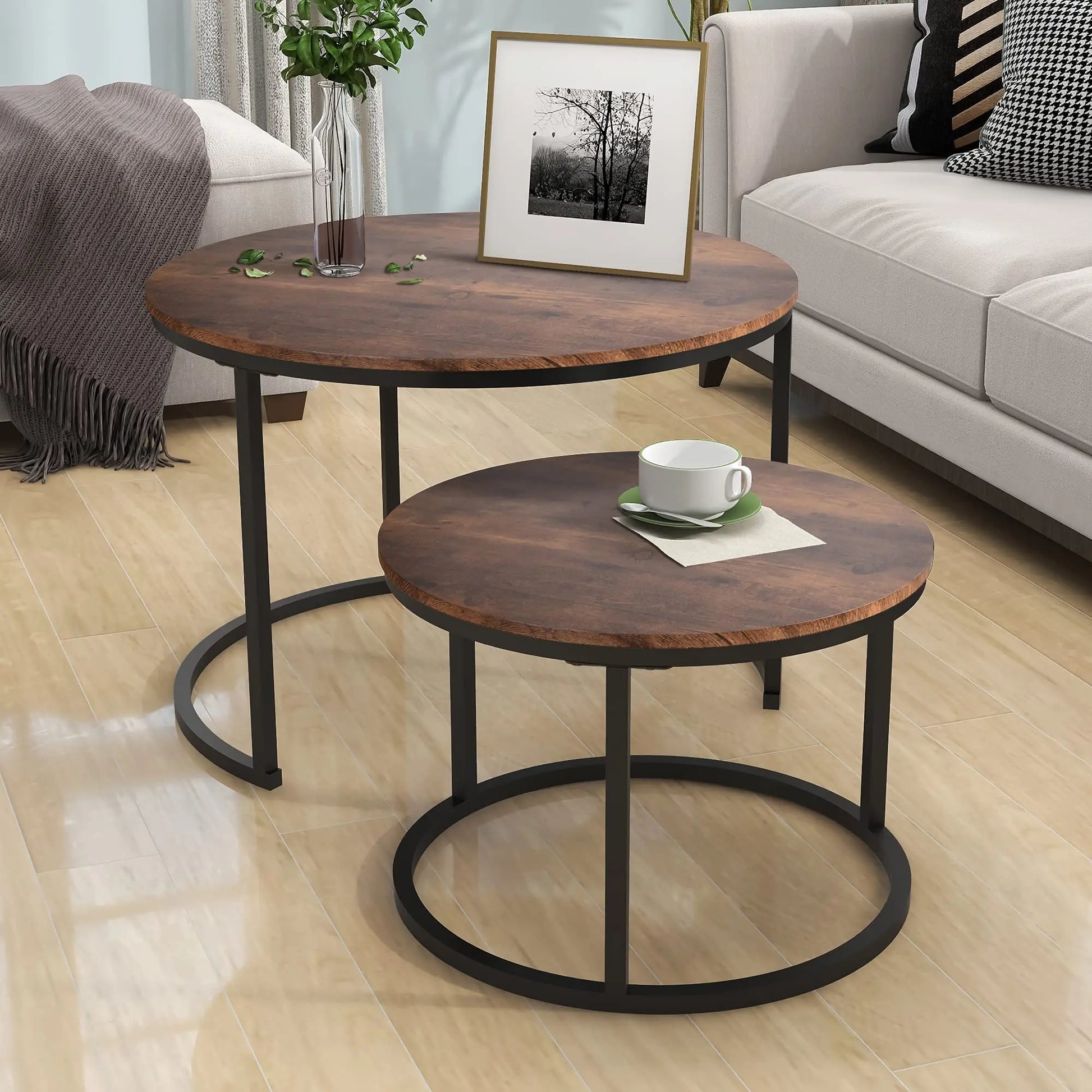 Industrial Round Coffee Table Set of 2, Stacking Side Tables with Wood-Look Top and Metal Frame for Living Room, Black/Rustic Brown HOJINLINERO