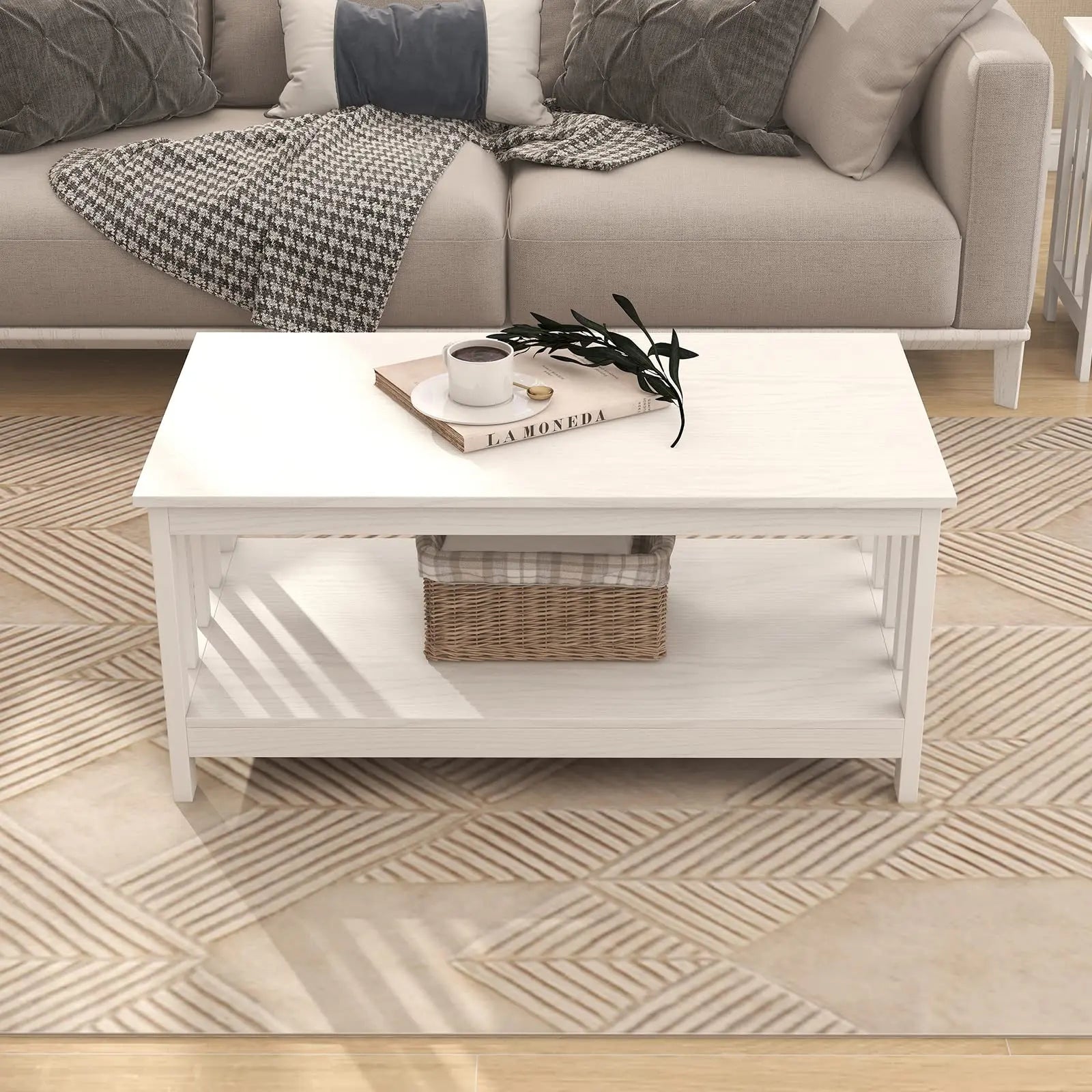 White Farmhouse Coffee Table with Shelf, 40 Inch Living Room Table ChooChoo