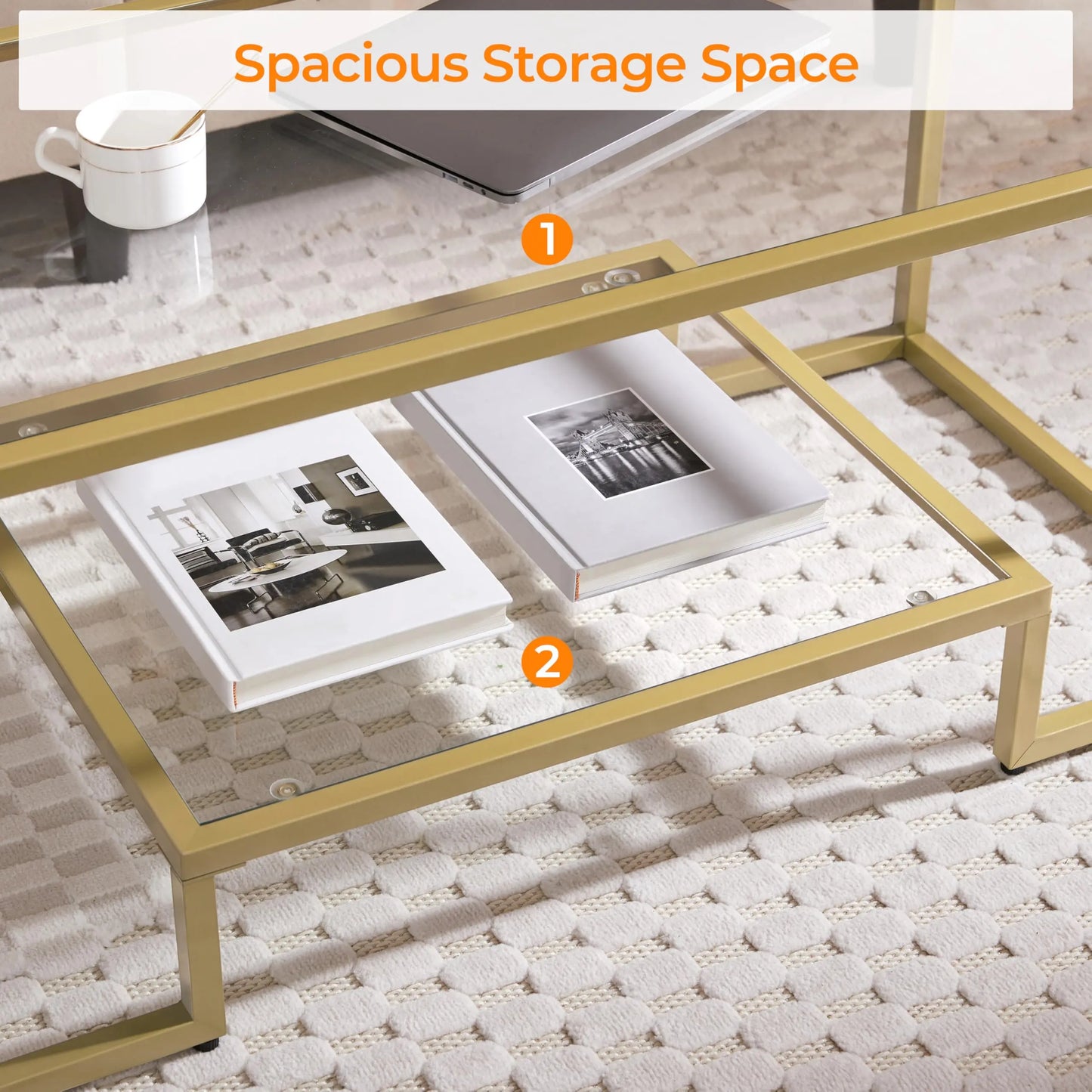 42" Rectangular Glass Coffee Table with Gold Metal Frame, 2-Tier Center Table for Living Room, Office, or Small Spaces Yaheetech