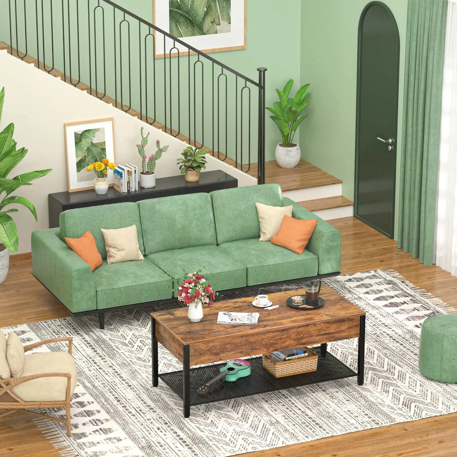 Lift Top Coffee Table with Storage Shelf and Hidden Compartment, Modern Wood and Metal Table for Living Room, Rustic Brown Homieasy