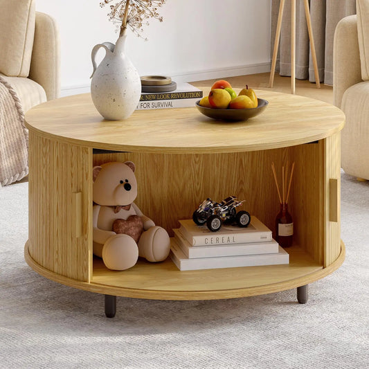 Round Coffee Table with Storage, 31.5" Modern Fluted Wood Table with 360° Sliding Door and Adjustable Footpads, Oak ONBRILL
