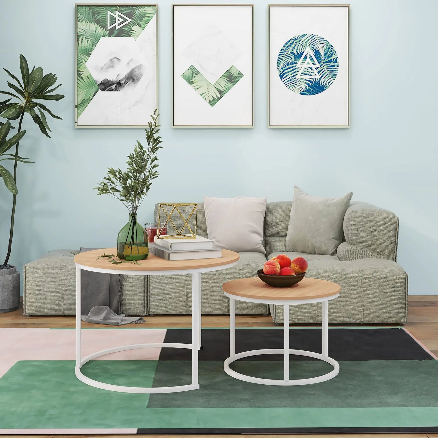 Round Coffee Table Set of 2, Stacking Side Tables with Wood-Look Top and Metal Frame for Living Room, Industrial/Modern, White/Teak HOJINLINERO