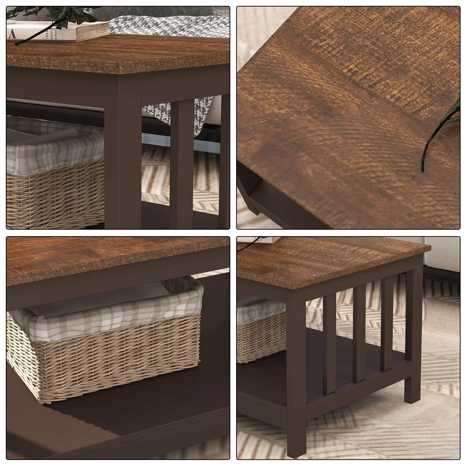 Espresso Farmhouse Coffee Table with Shelf, 40 Inch Living Room Table ChooChoo