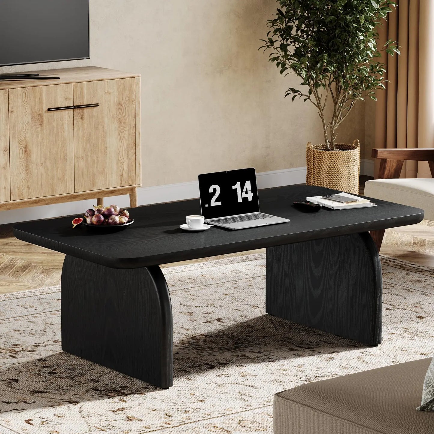 Rectangle Wood Coffee Table, 47-Inch Farmhouse Accent Center Table with Sturdy Base and Rounded Corners, Black Tribesigns