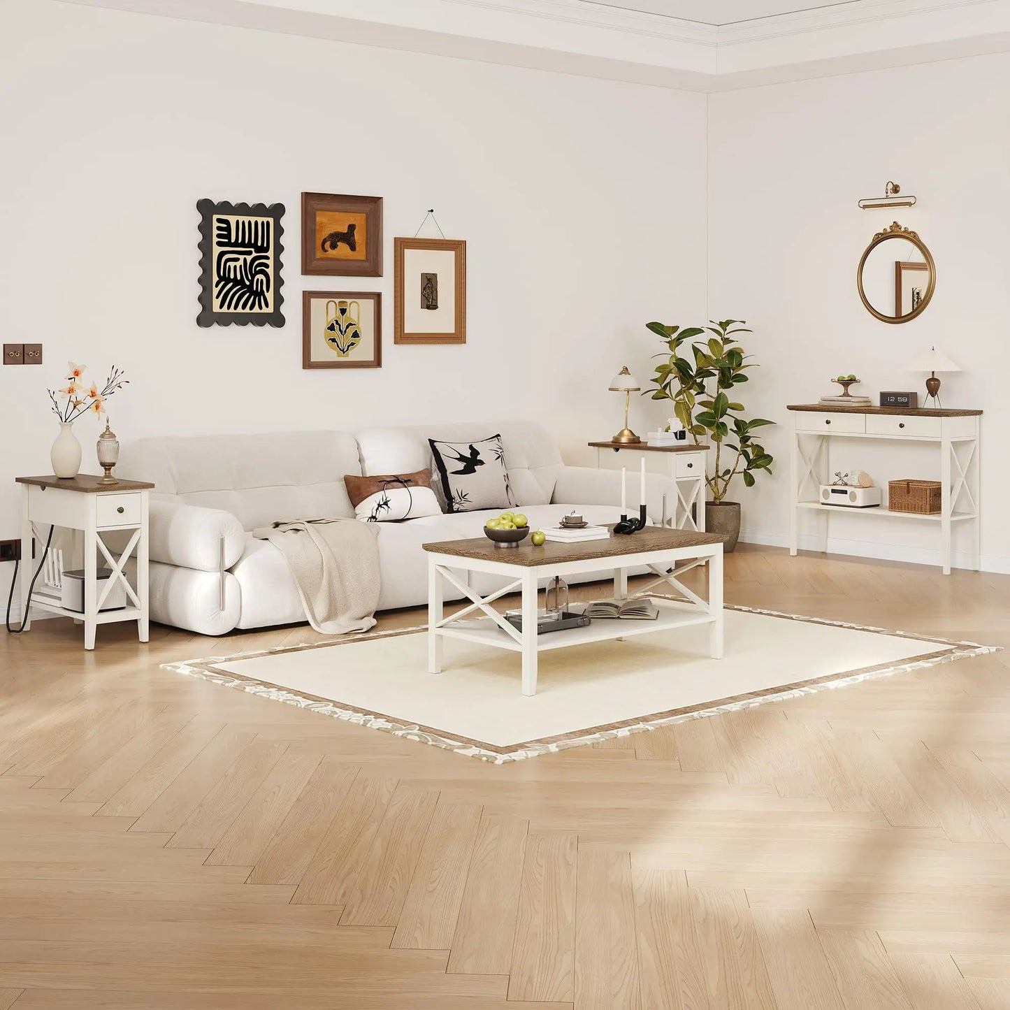 White Wooden Farmhouse Coffee Table with Thick Legs and Storage for Living Room ChooChoo