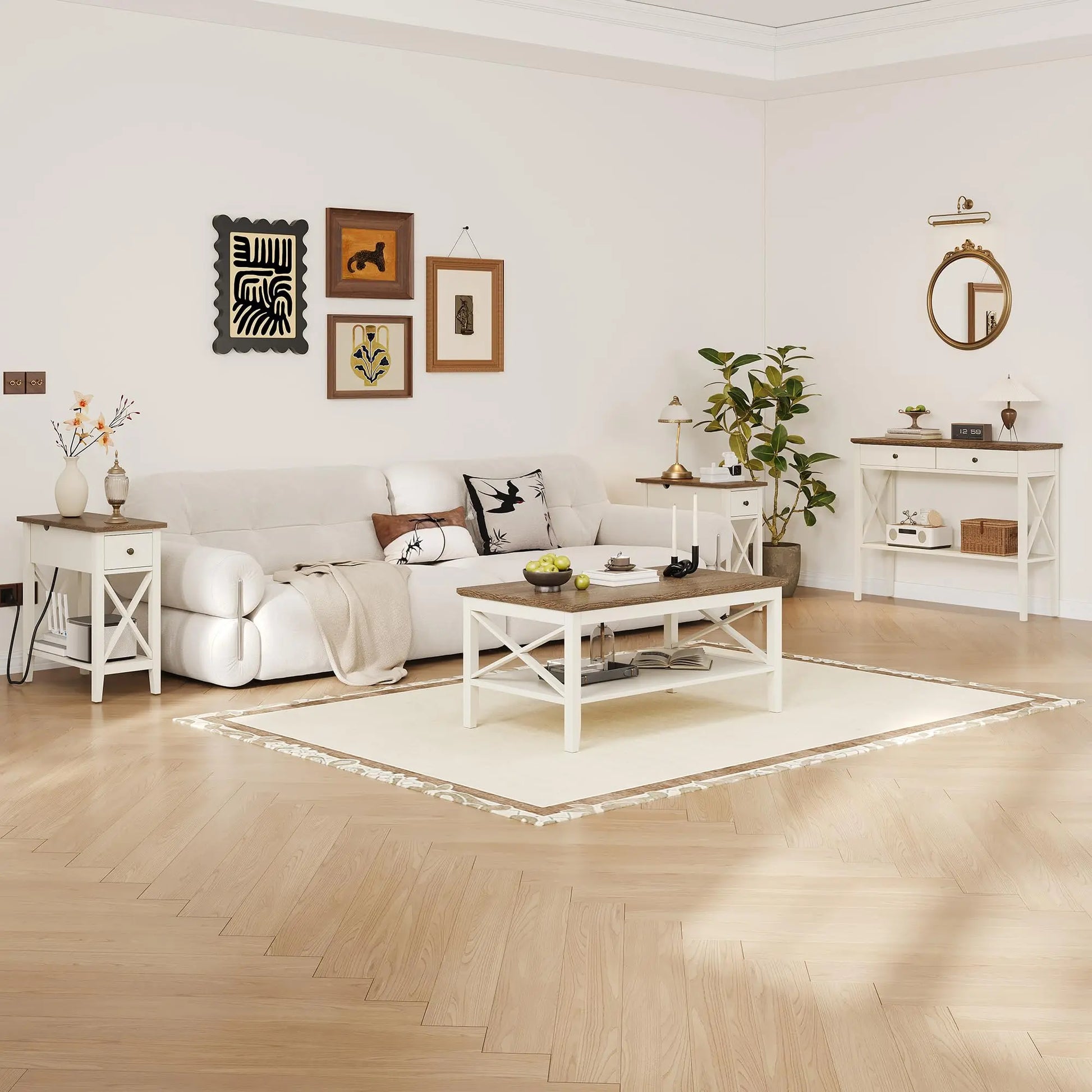 White Wooden Farmhouse Coffee Table with Thick Legs and Storage for Living Room ChooChoo