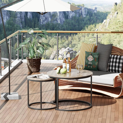 Nesting Coffee Table Set of 2, Round End Tables with Sturdy Metal Frame for Living Room or Bedroom, Oak aboxoo