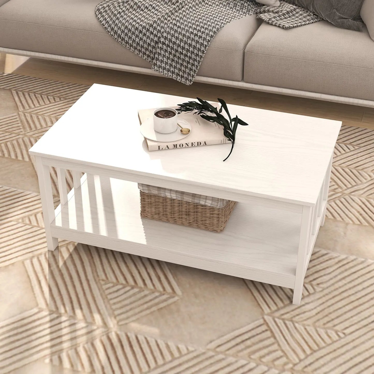 White Farmhouse Coffee Table with Shelf, 40 Inch Living Room Table ChooChoo