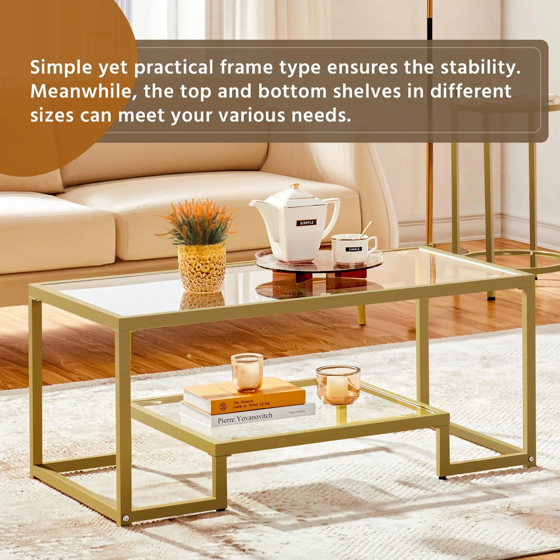 42" Rectangular Glass Coffee Table with Gold Metal Frame, 2-Tier Center Table for Living Room, Office, or Small Spaces Yaheetech