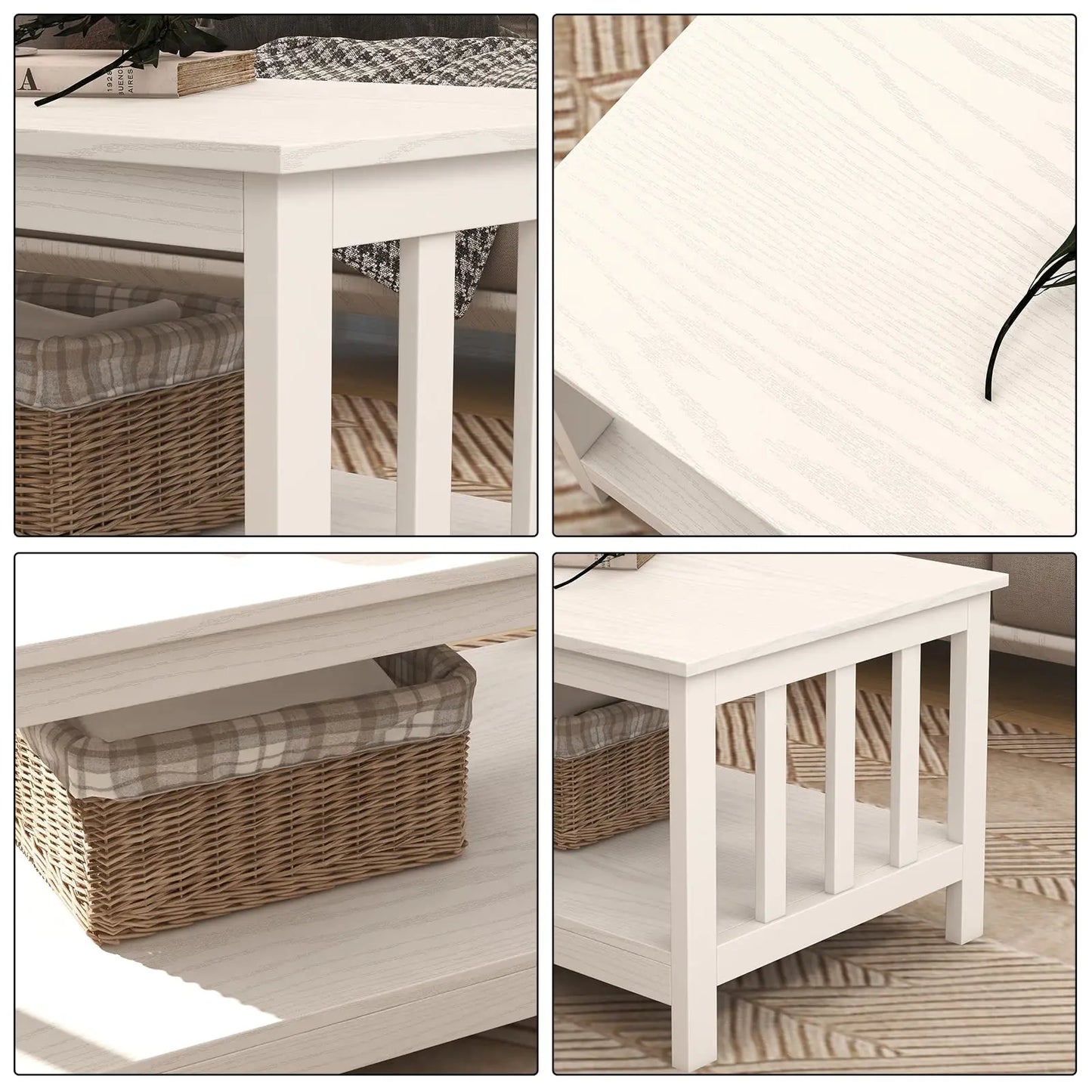 White Farmhouse Coffee Table with Shelf, 40 Inch Living Room Table ChooChoo