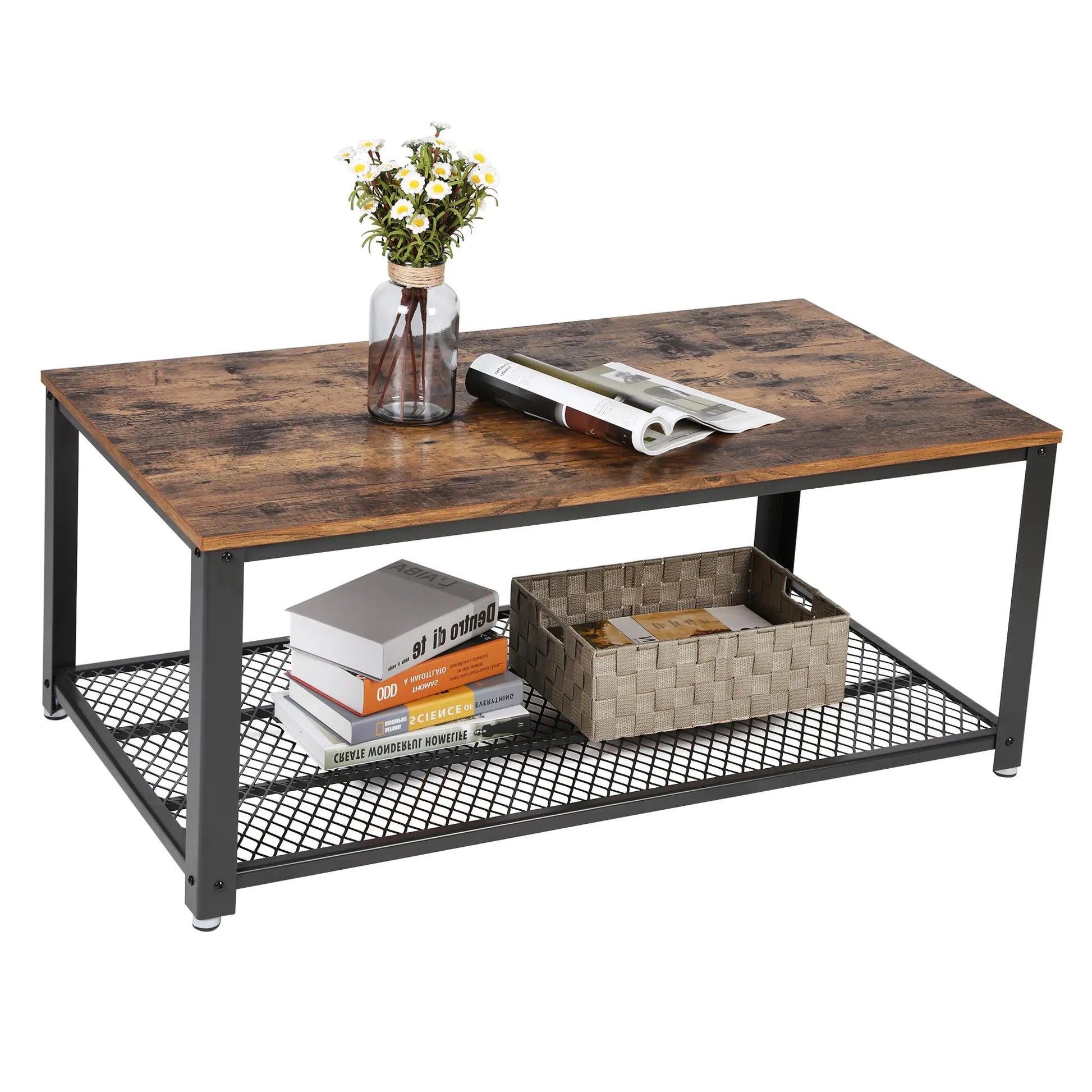 2-Tier Industrial Coffee Table with Mesh Shelf, Steel Frame, Adjustable Feet for Living Room, Rustic Brown/Black VASAGLE