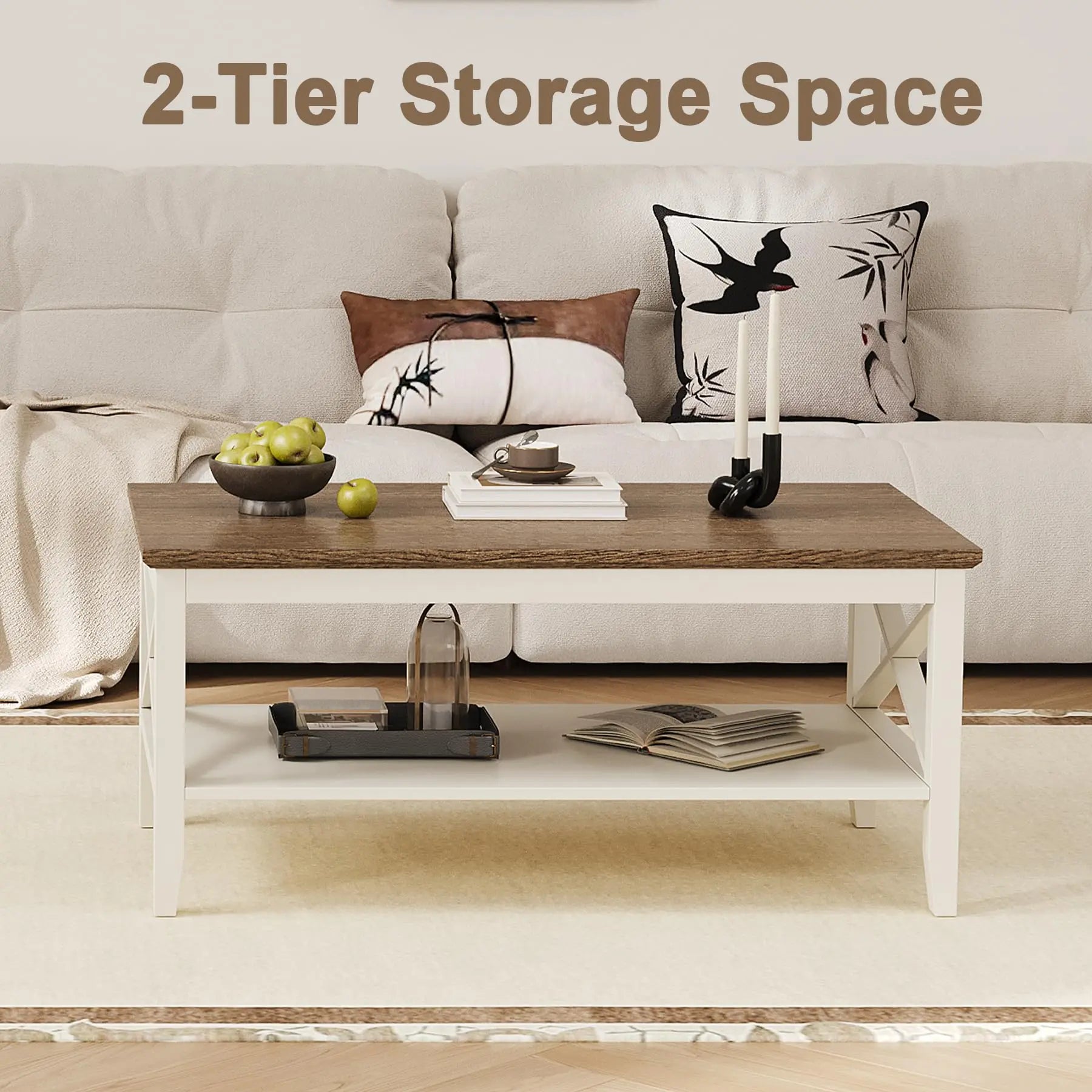 White Wooden Farmhouse Coffee Table with Thick Legs and Storage for Living Room ChooChoo