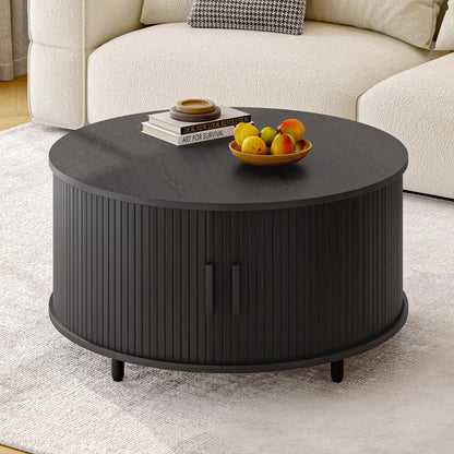 Round Coffee Table with Storage, 31.5" Modern Fluted Wood Table with 360° Sliding Door and Adjustable Footpads, Black ONBRILL