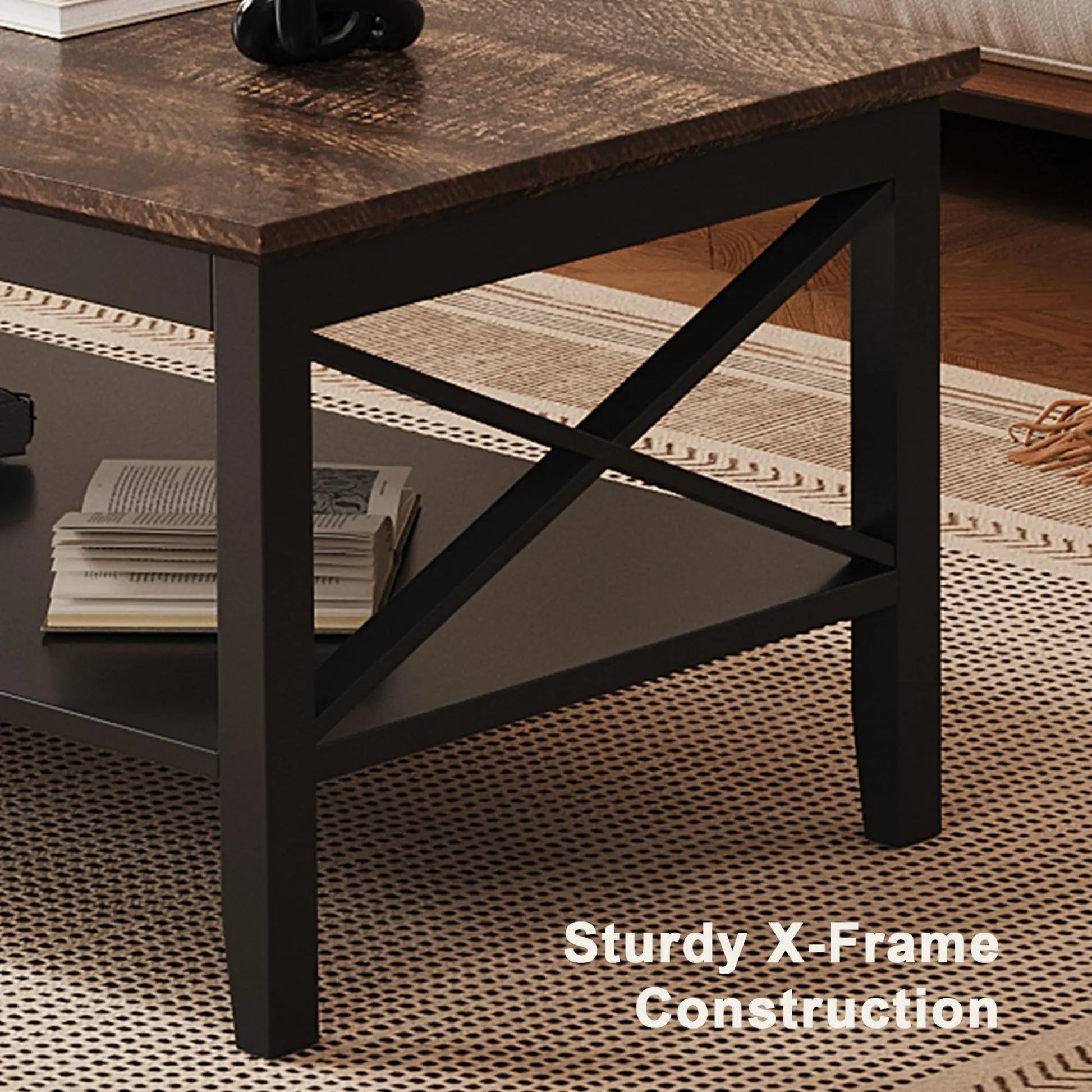 Black Wooden Coffee Table with Thick Legs and Storage for Living Room ChooChoo