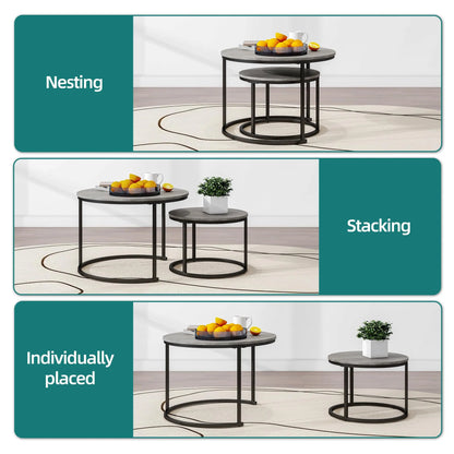 Nesting Round Coffee Table Set of 2, Wooden Accent Tables with Metal Frame for Living Room, Stacking Side Tables, Black/Warm Grey HOJINLINERO