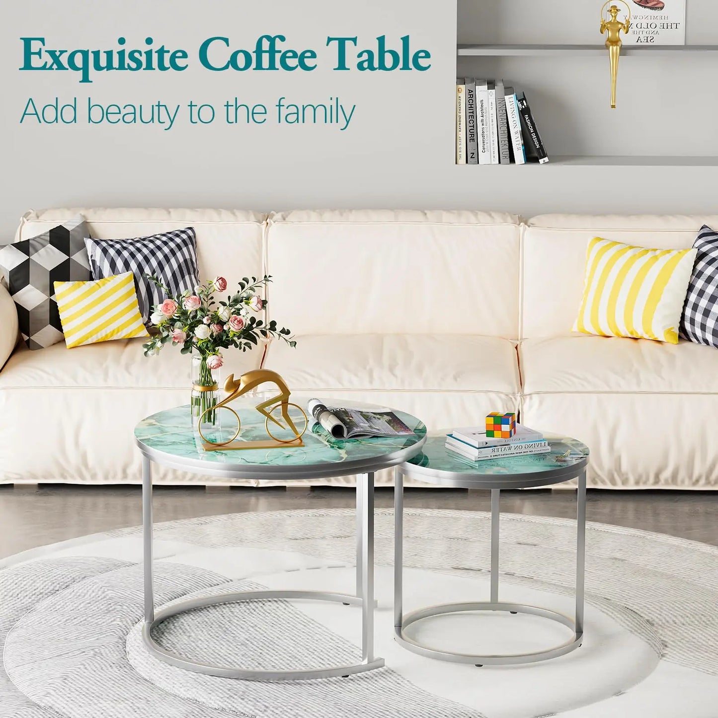 Nesting Coffee Table Set of 2, Round Green Art Top Tables with Sturdy Metal Frame for Living Room or Bedroom, Modern Industrial Style aboxoo